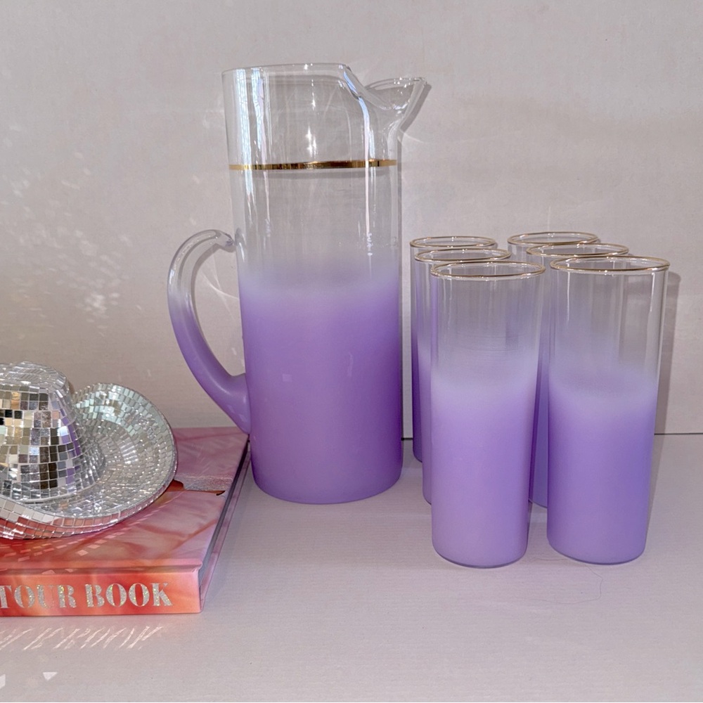 Vintage Barware Blendo Lavender Orchid Ombre Pitcher and Glasses Set Mid-century